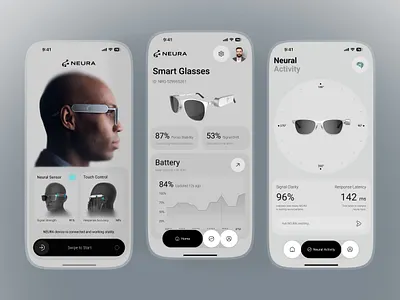 AI Smart Glasses Mobile App – Neural Activity UI analytics dashboard clean ui dashboard ui data visualization e commerce futuristic ui health app health tech minimal ui mobile app mobile app design product design smart glasses sunglasses app tech app tracking ui design user interface ux design wearable tech