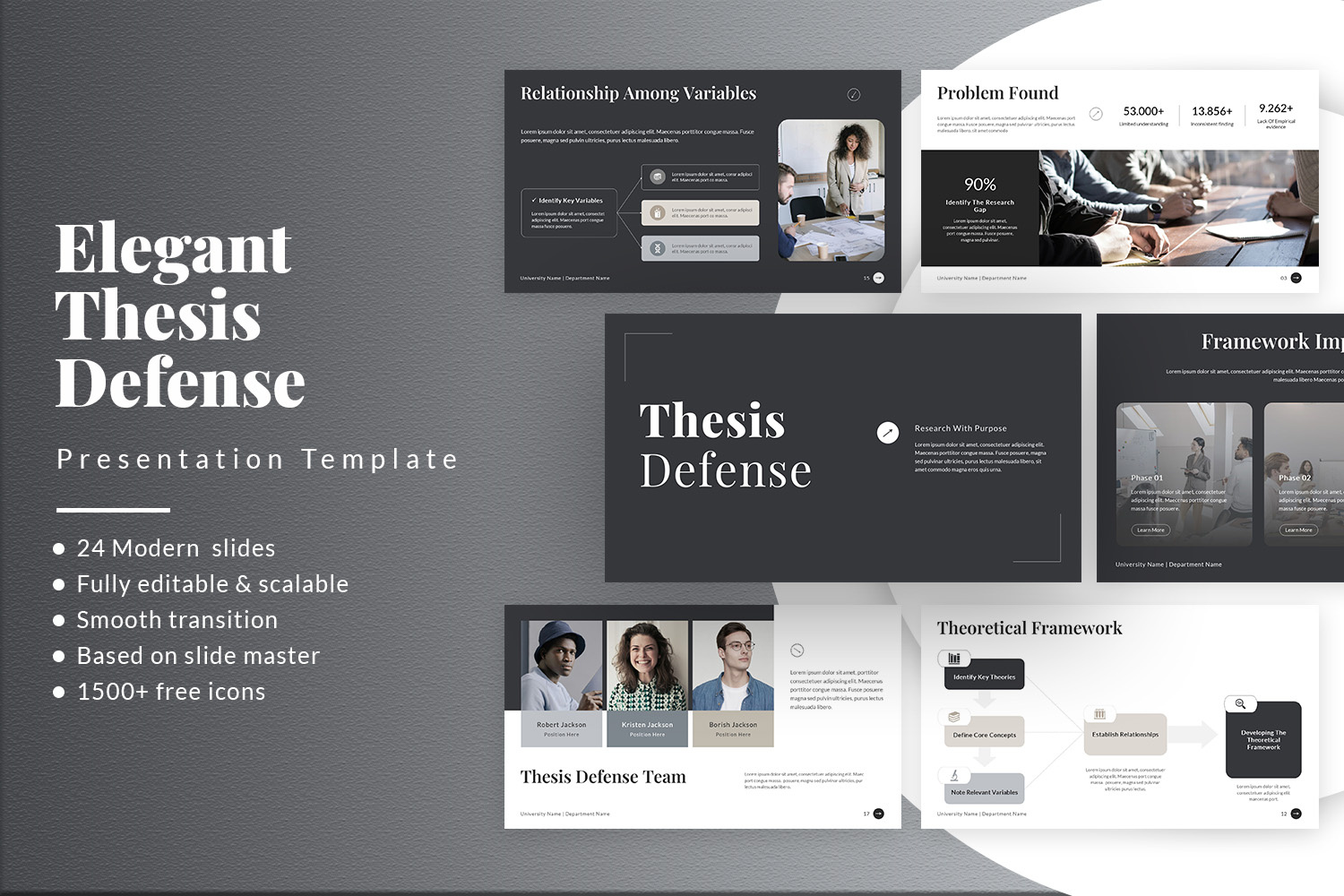 Elegant Black & White Thesis Defense Presentation academic black clean college defense design elegant formal layout presentation professional research school simple slides study template thesis visual white