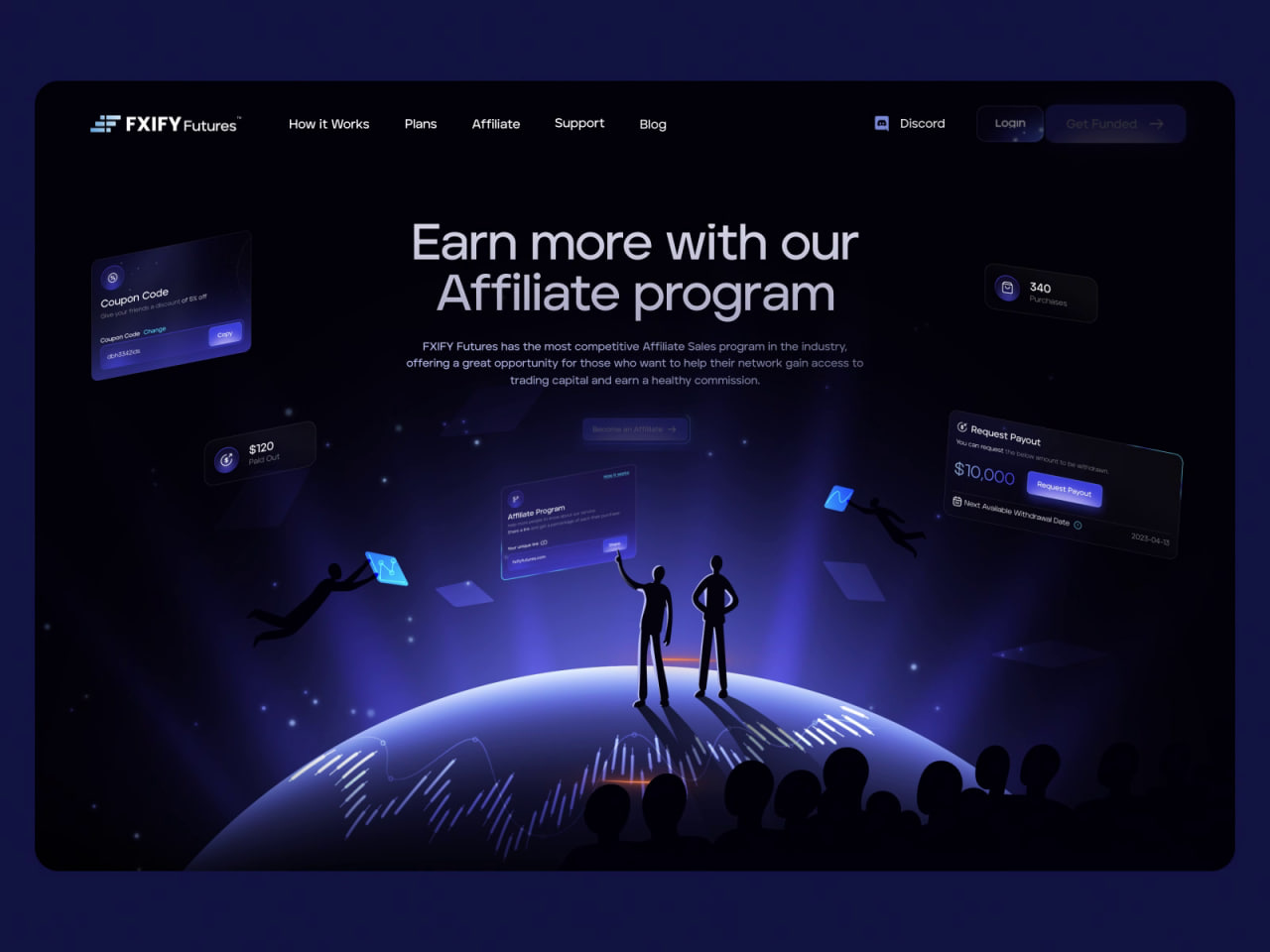 Affiliate Growth Platform 3d affiliate commission conversion crypto dark theme dashboard finance forex futures gradient hero section investment landing page marketing platform referral saas trading website