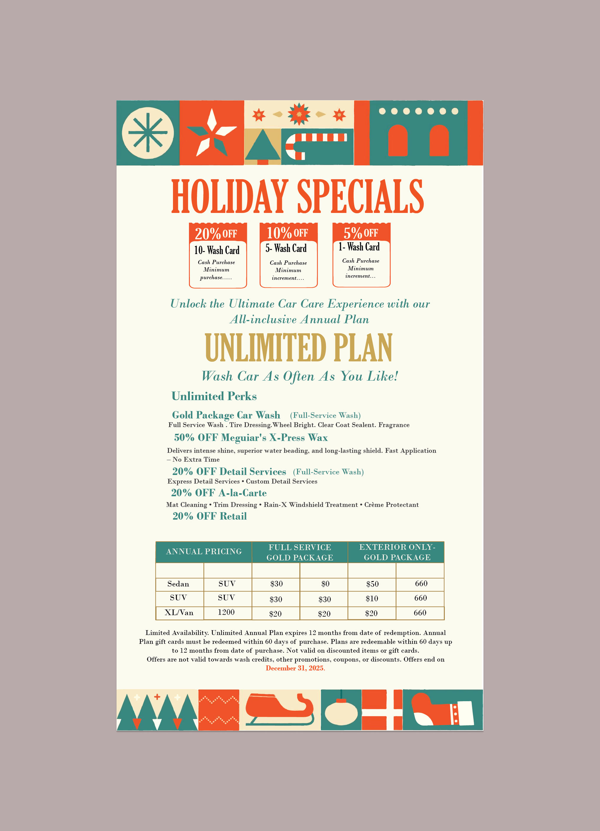 Holiday Car Wash Specials Flyer branding carwash discount flyer goldpackage graphicdesign holiday marketing offer printdesign promotion seasonal specials ui unlimitedwash
