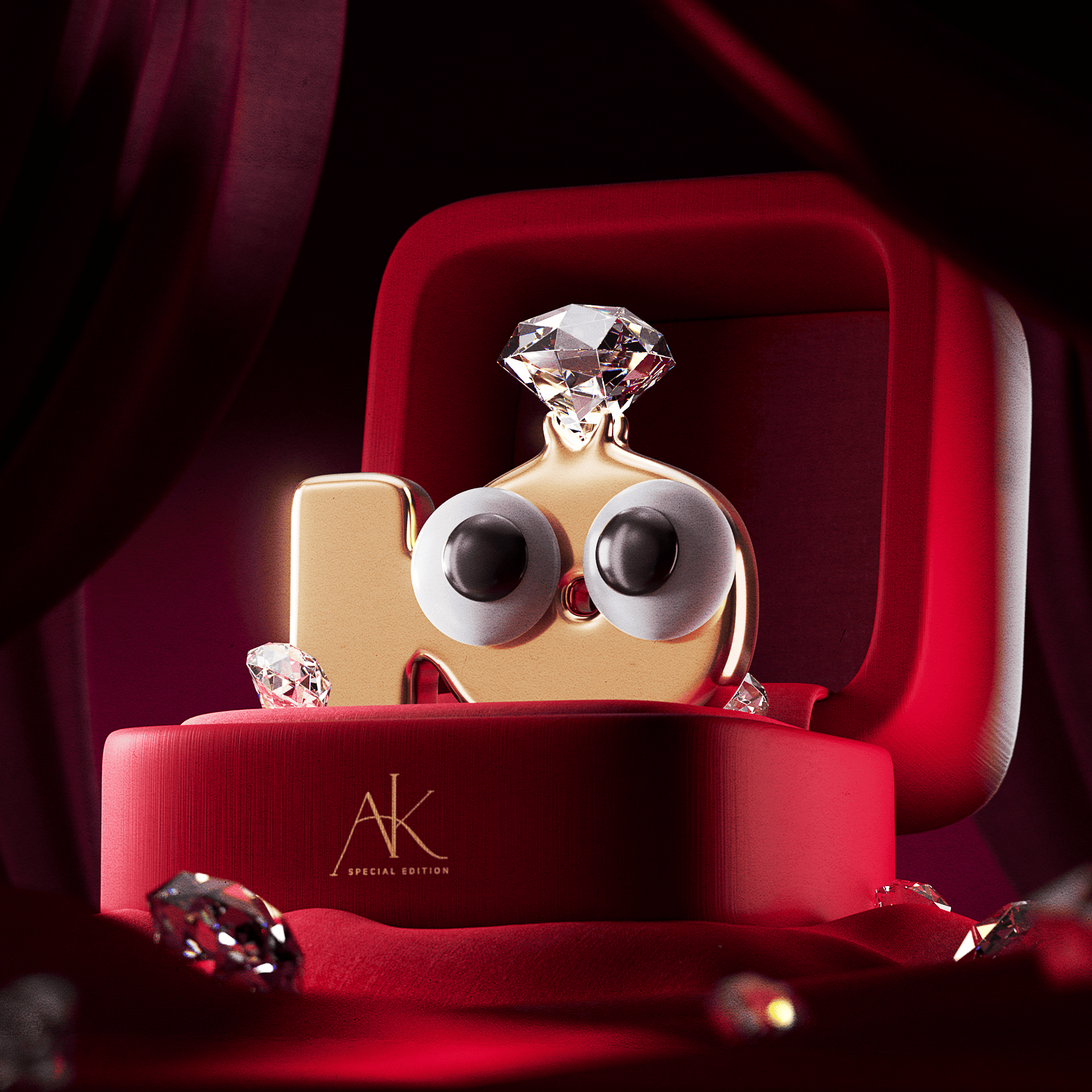 Letter Ю — 3D Alphabet Series 3d diamond 3d illustration 3d letter 3d ring amazement cute character diamond 3d diamond ring dramatic lighting gold 3d golder ring handmade jewelry jewelry jewerly box jewerly organizer jewerly storage box luxury 3d premium packaging red box wedding ring