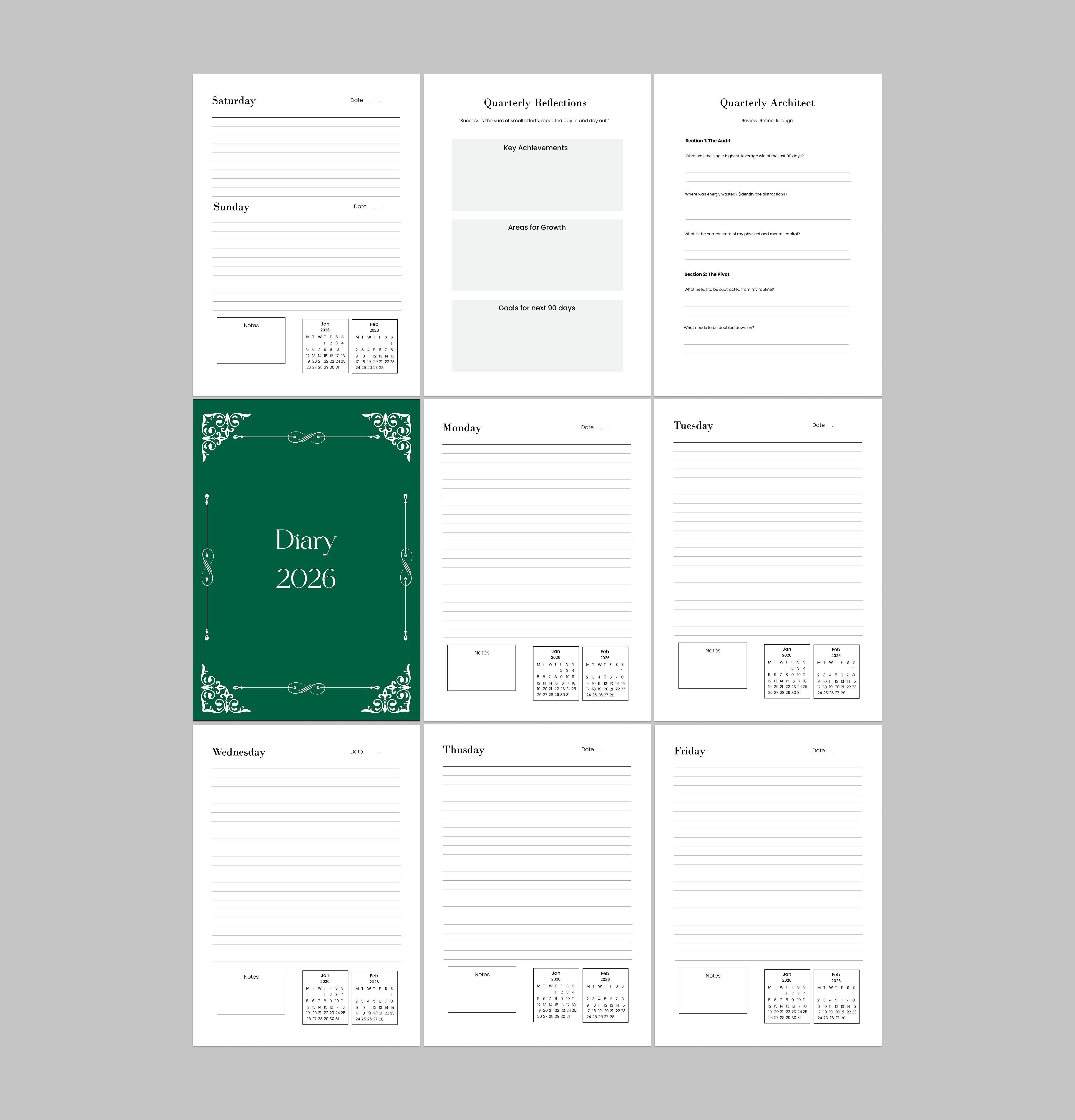 Luxury 2026 Diary Layout – Elegant Weekly Planner Spreads 2026 branding calendar diary elegant graphicdesign journal layout luxury minimal planner printdesign stationery ui weeklyspread