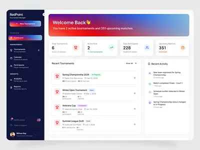 Tournament Management Dashboard UI Design admindashboard b2bproduct competitionplatform componentdesign creativedesign datavisualization designsystem dribbbleshot eventmanagement padel productdesign saasdesign sportsapp sportsdashboard sportsmanagement sportstech startupdesign tournamentmanagement uidesign uxdesign