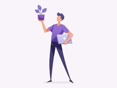 Modern Man Holding Laptop and Plant, Flat Vector Illustration banner cover creative faceless flat illustration graphic design icon idea innovation man minimal modern illustration new people illustration tech ui vector illustration website