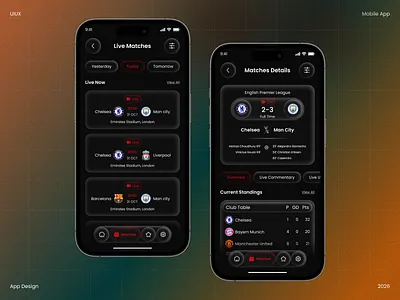 Football Live Scores App UI app design dark ui football app football ui live matches page live score live sports streaming app match tracking matches details page mobile app new app product design sports app ui design ux design uxui