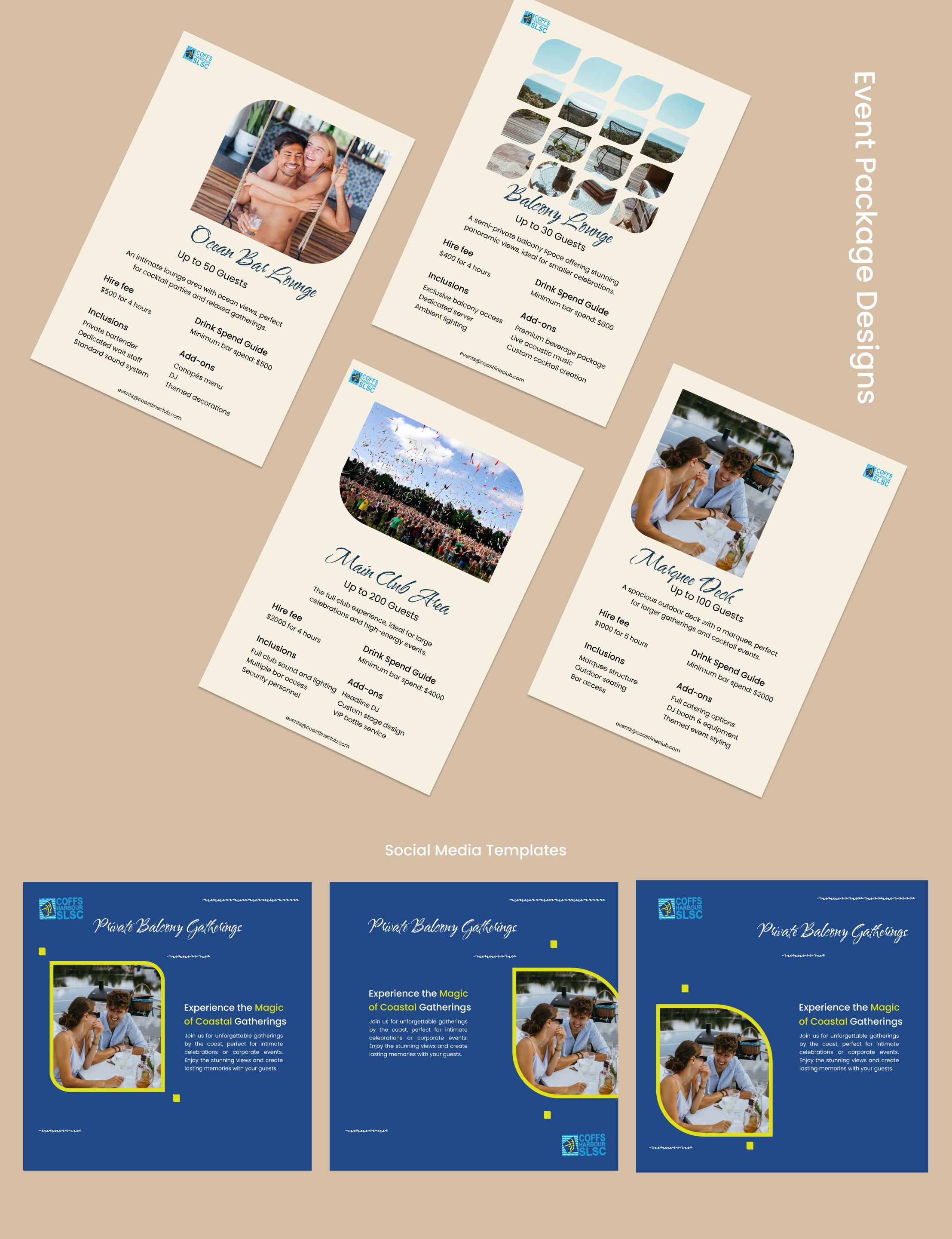 Event Package Designs & Social Media Templates beachwedding branding eventdesign graphicdesign instagram marketing packageflyer printdesign promotion socialtemplates