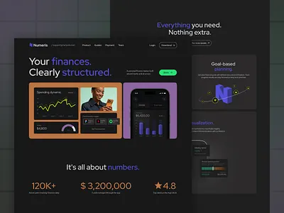 Numeris — Landing Page for Finance Tracker. budget concept dark dark theme design expense tracker finance landing landing page ui uiux ux web web design webdesign
