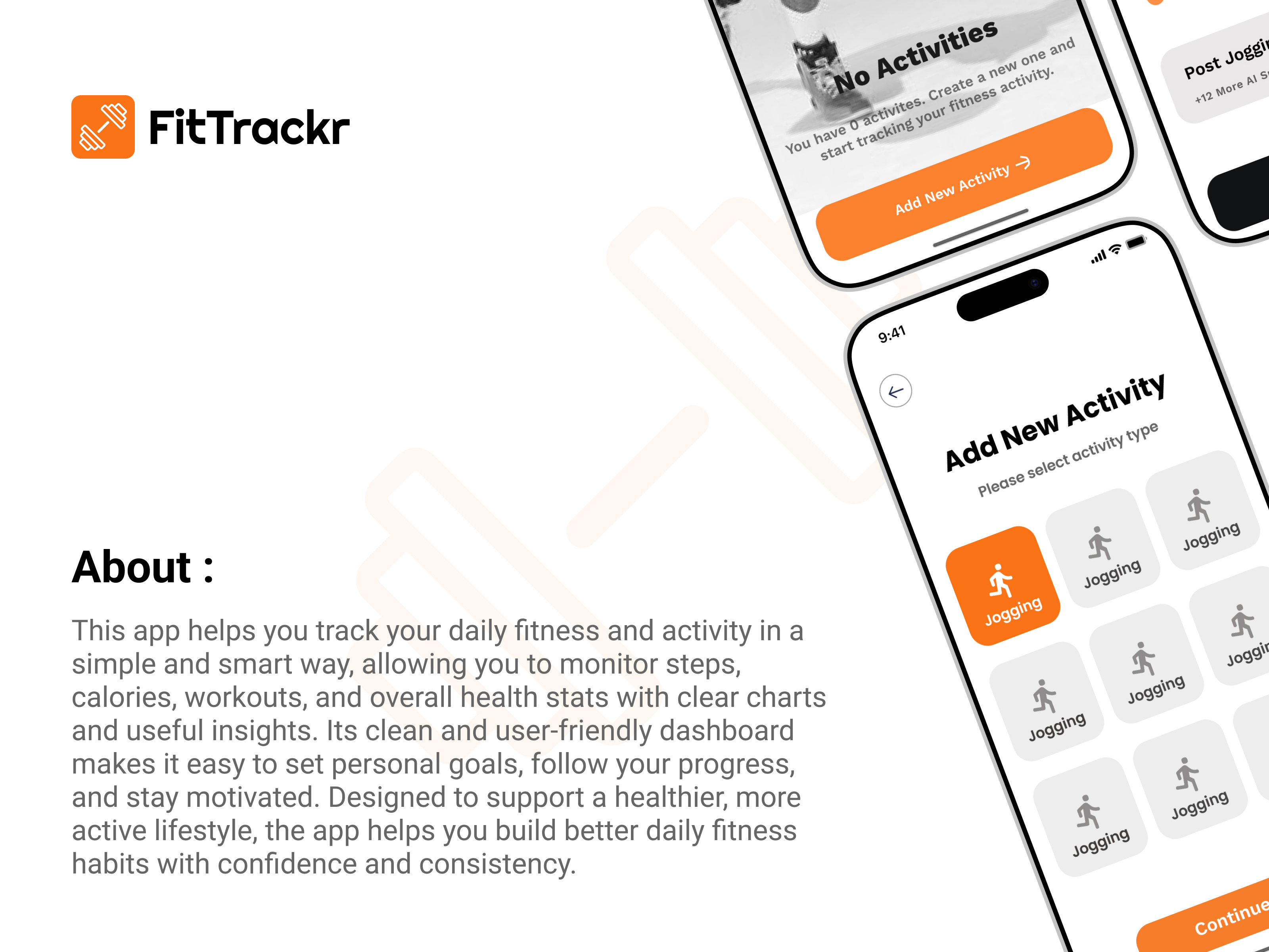 FitTrackr Mobile App activity tracker android app design app ui app ux calorie tracker chart ui clean design dashboard ui fitness app health app ios app design minimal ui mobile app design modern ui productivity app startup app ui design user experience ux design workout app