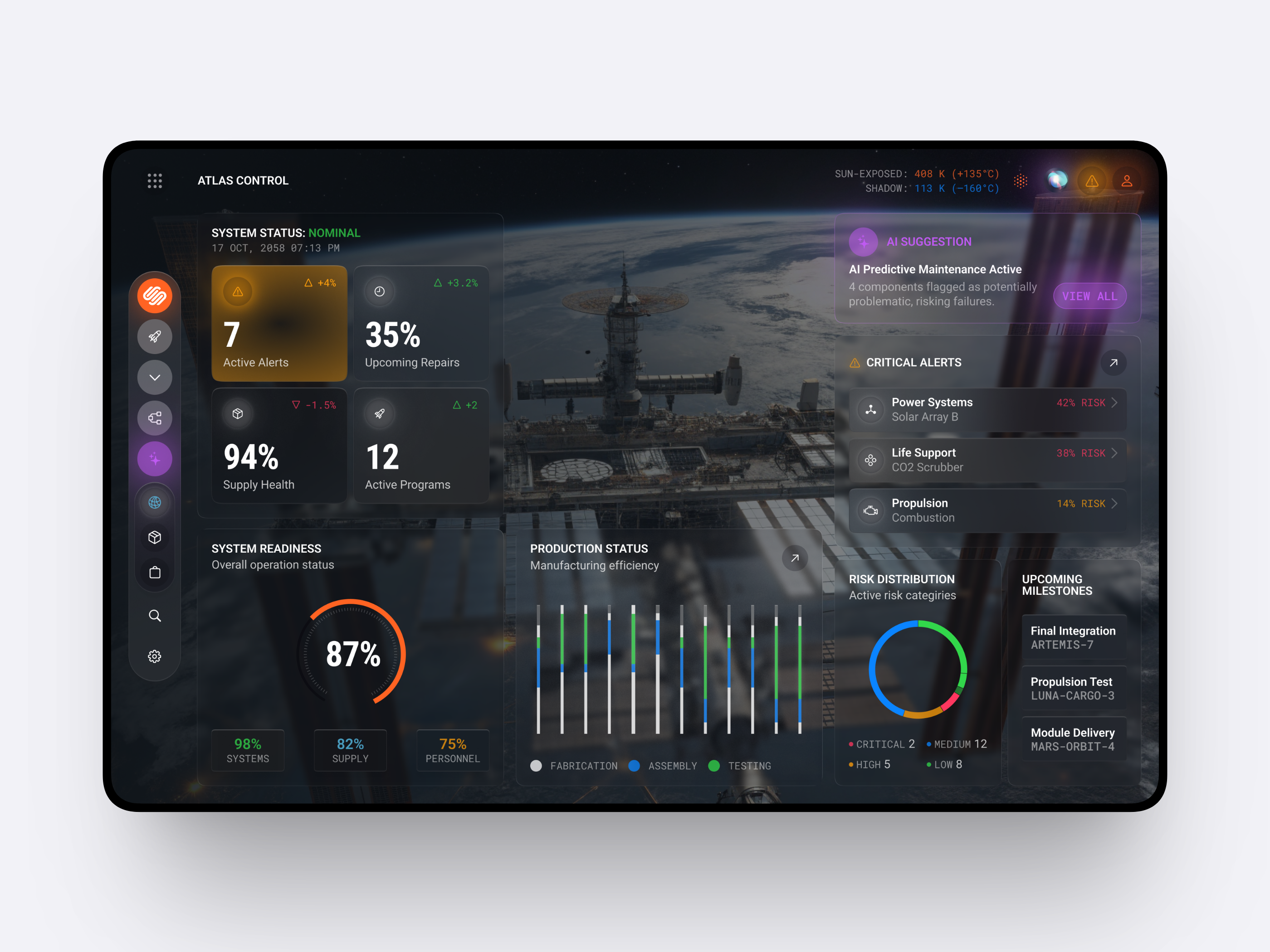 SRM Dashboard Web App Concept Design ai app ai dashboard ai design ai illustration ai platform ai web app concept dark theme dashboard data visualization enterprise saas futuristic design glassmorphism ios26 liquid glass product design space app space technology srm web web app