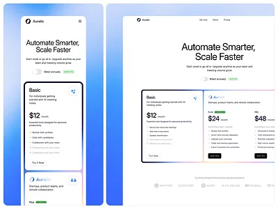 Plans and Billing Auralis - Landing Page b2b clean gradient meeting modern plan pricing pricing plan product design saas startup subscriptions ui upgrade ux website