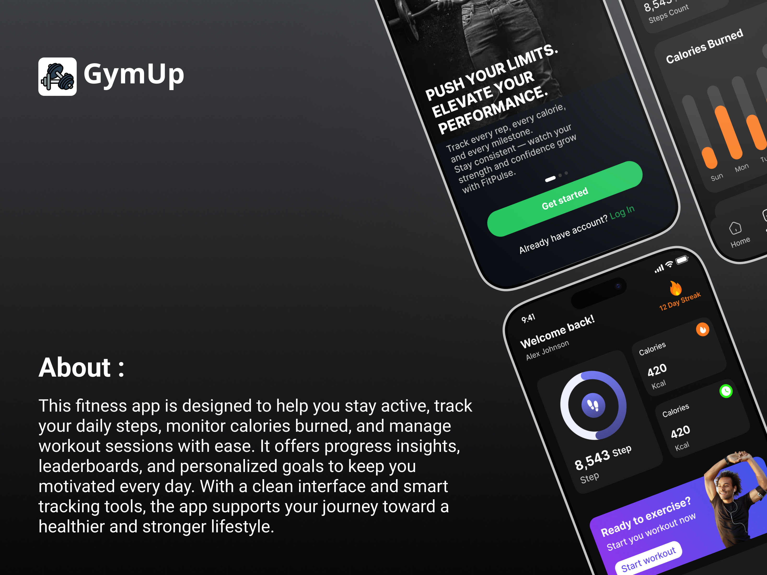 GymUp Mobile App activity tracker android app design app ui app ux calorie tracker clean design dark ui dashboard ui fitness app gym app ios app design minimal ui mobile app design modern ui startup app step counter app ui design user experience ux design workout app