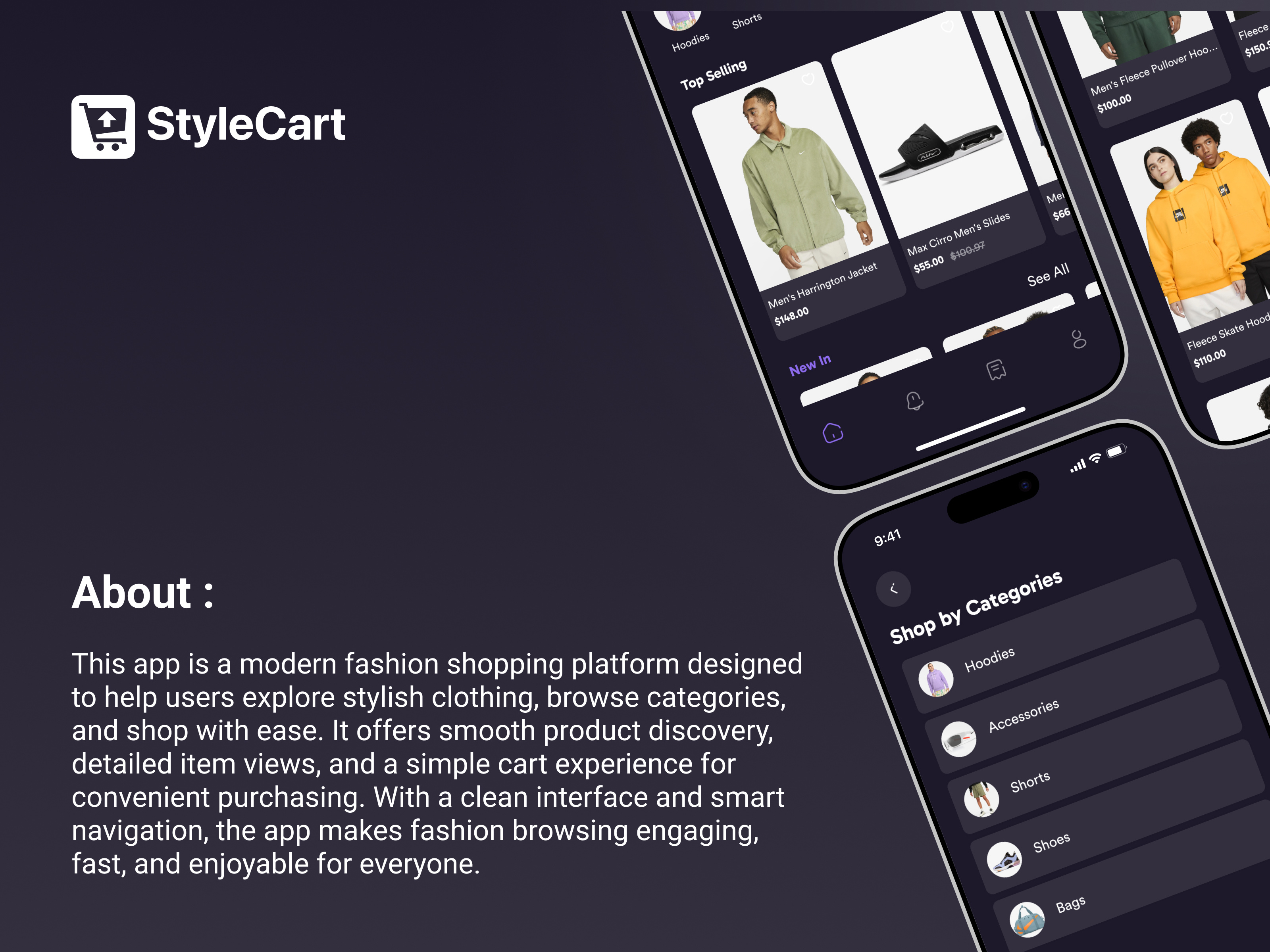 StyleCart Mobile App android app design app ui app ux cart ui checkout ui clean design clothing app dark ui ecommerce app fashion app ios app design marketplace app minimal ui mobile app design modern ui product listing shopping app startup app ui design ux design