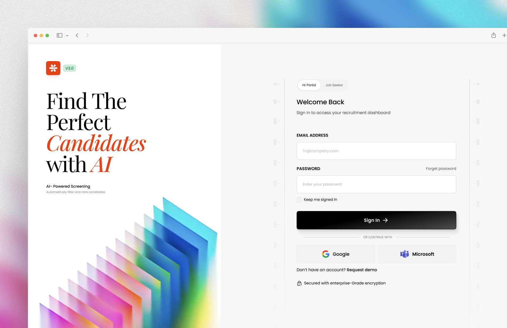 login experience designed for an AI-powered hiring platform ai hiring ai platform authentication ui candidate portal enterprise software fintech style interface hiring dashboard hr tech login screen machine learning ui minimal interface modern ui recruitment platform saas dashboard smart recruitment talent acquisition tech startup ui design user experience design web app design