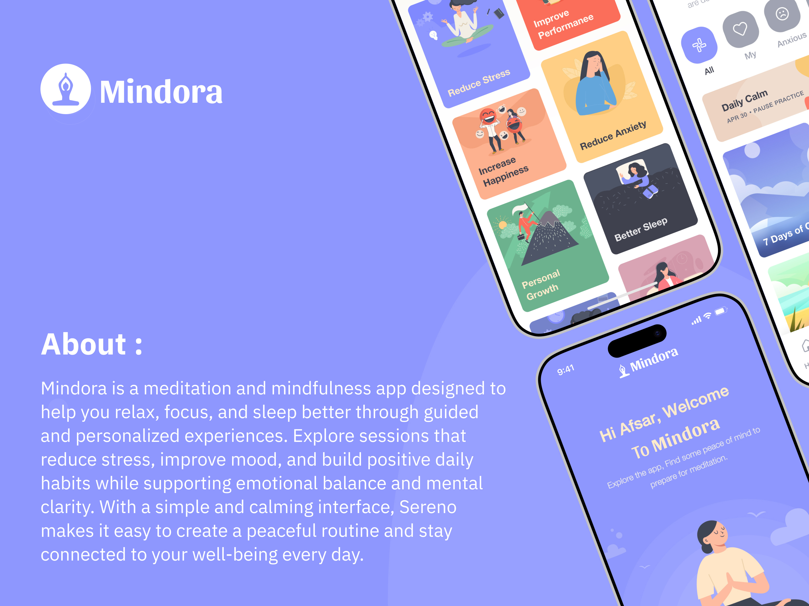 Mindora Mobile App android app design app ui app ux calming app clean design dark ui dashboard ui ios app design meditation app mental health app mindfulness app minimal ui mobile app design modern ui sleep app startup app ui design user experience ux design wellness app