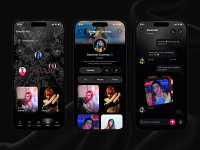 Modern Dating App UI – Chat, Match & Connections with Style app design chat app dark mode dating dating app dating ui elegant mobile ui location based dating app messaging mobile mobile app mobile app design online dating profile matching ui relationship social networking app swipe tinder ui