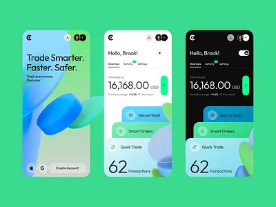 Crypto Trading Dashboard – Clean, Fluid & Insight-Driven UI app app design crypto crypto app dark mode dashboard design system finance fintech glassmorphism gradients interaction design interface light mode mobile app product design trading app ui ux web3