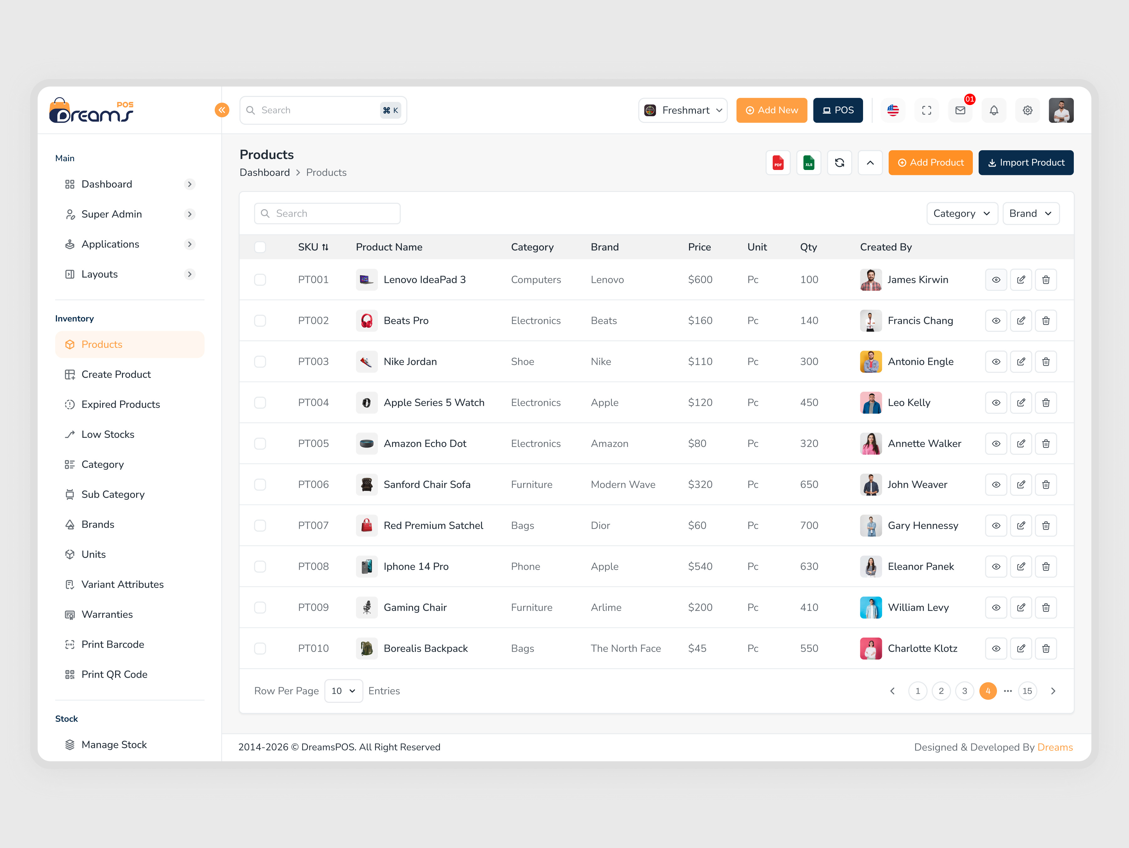 DreamsPOS | Product List Management in POS Inventory Dashboard inventory product listing ui pos admin product module pos inventory software ui pos product database page pos product tracking feature pos system product feature product catalog dashboard module product inventory admin panel product list page html template product list pos dashboard product management saas template retail product list management sku management in pos system