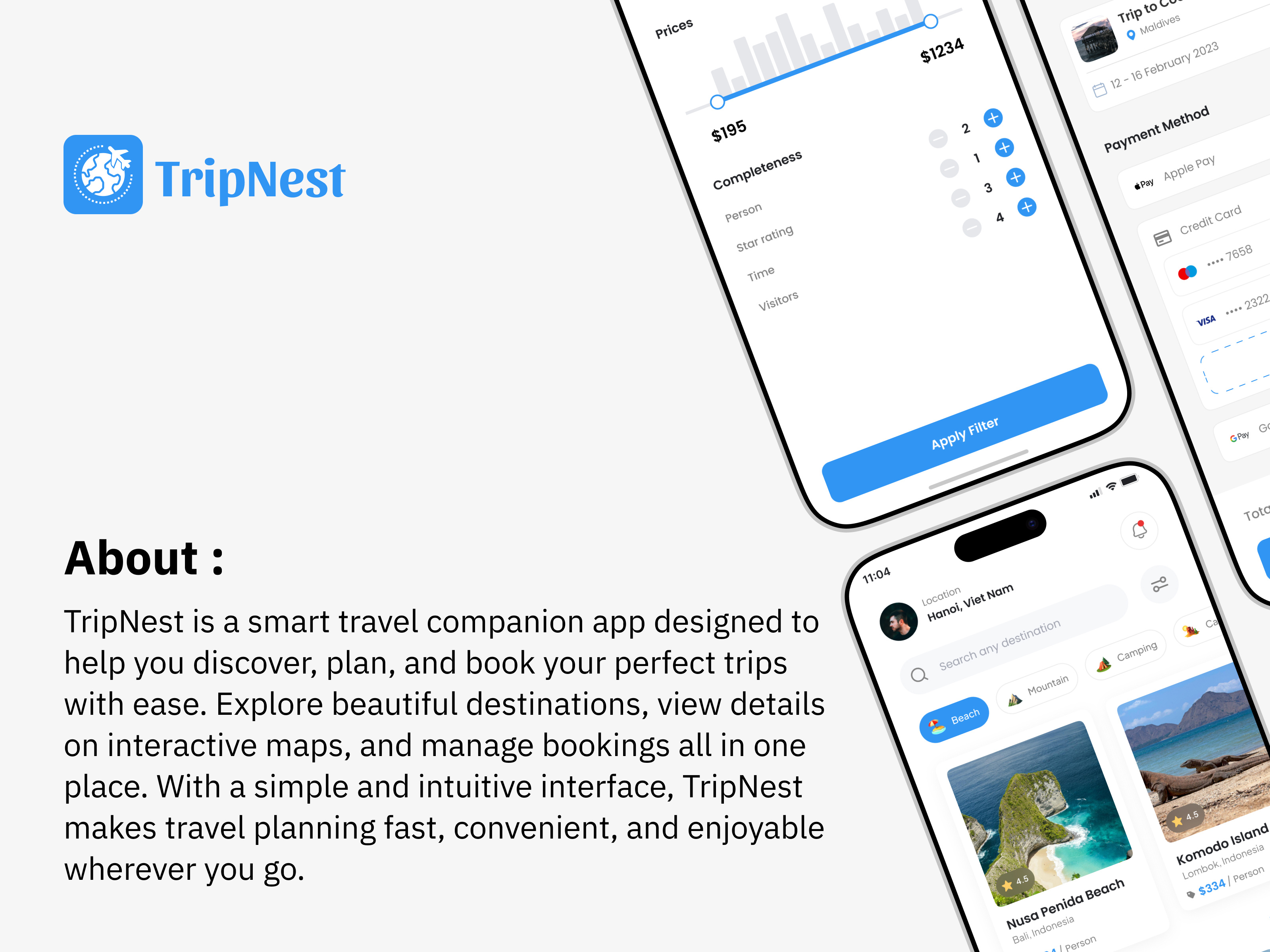 TripNest Mobile App android app design app ui app ux booking app clean design dashboard ui ecommerce app fintech ui ios app design map ui minimal ui mobile app design modern ui startup app tourism app travel app trip planner app ui design user experience ux design