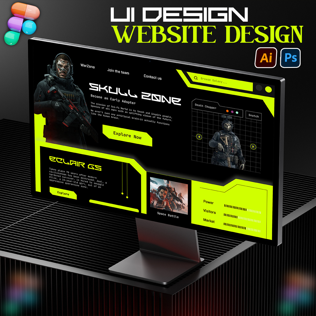 Sci-Fi Gaming Landing Page UI Design branding color system dark ui design figma gaming landing page gaming ui landing page landing page design modern web structure neon ui sci fi ui ui design ui ux design web design website concept website design