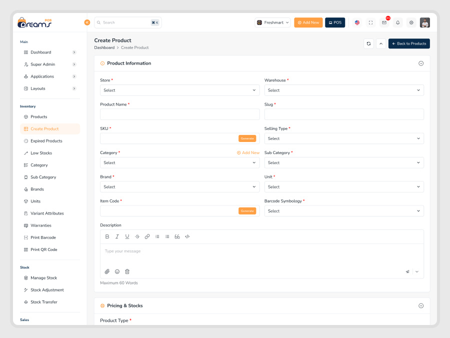Create Product in POS Inventory Management Dashboard | DreamsPOS add new items pos system add product inventory system create product pos dashboard inventory control dashboard ui inventory product setup page pos inventory admin ui pos inventory tracking template pos product entry feature product creation admin panel product entry form pos software retail pos product setup sku generator pos system stock alert product management