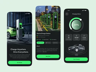 Electric Vehicle Charging App Concept app design automobile charging charging station dark ui design electric car electric vehicle ev app ev charger ev charging ev charging app ev network fast charging futuristic ui gps green energy ios mobile app smart charging