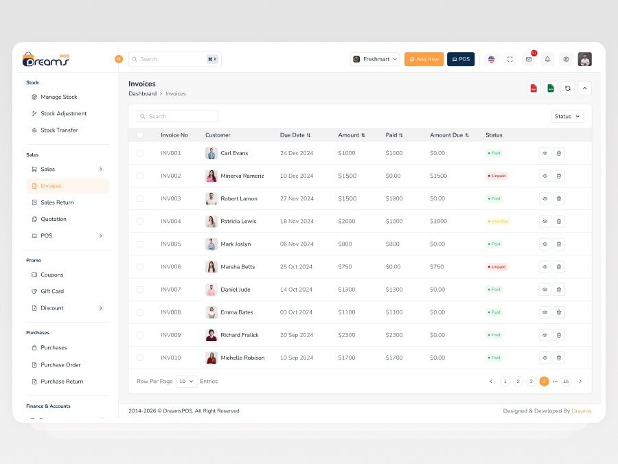 Sales Invoice Tracking Feature for POS System | DreamsPOS customer billing system template due payment tracking feature invoice management pos dashboard invoice management saas template invoice records admin panel invoice report dashboard ui invoice status tracking module invoicing dashboard for business pos finance and billing module pos sales invoice admin module sales billing dashboard template sales invoice tracking system