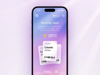 Travel assistant app ai app assistant calendar design glass gradient illustration ios iosapp iphone liquid mobile plannner schedule ticket travel ui ux weather