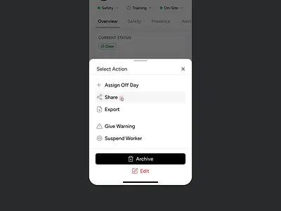 Mobile Worker Profile - Bottom sheet Actions appdesign b2bdesign bottomsheet branding componentdesign constructiontech dashboarddesign datavisualization design designsystem informationhierarchy microinteractions mobiledesign mobileui problemsolving ui uxpatterns workforcemanagement