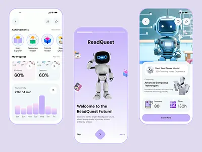 ReadQuest – AI Powered Learning Platform UI ai ai app ai education ai learning ai learning app ai mentor app design design e learning education education app futuristic ui ios learning mobile app onboarding screen online course online education smart education ui design