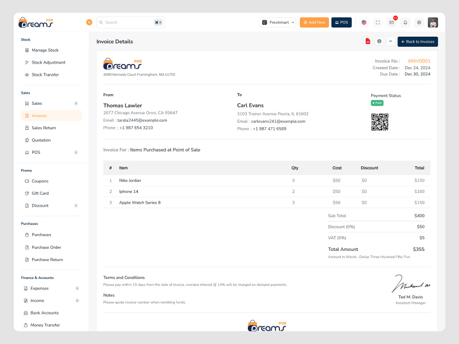 Invoice Details Page in POS Billing Management Dashboard customer billing details module customer invoice view module invoice details pos dashboard invoice itemized bill dashboard invoice payment status tracking invoice qr code feature invoice summary pos system pos invoice breakdown page pos invoice detail html template pos invoice printing feature professional invoice layout pos retail invoice details screen sales invoice detail admin panel