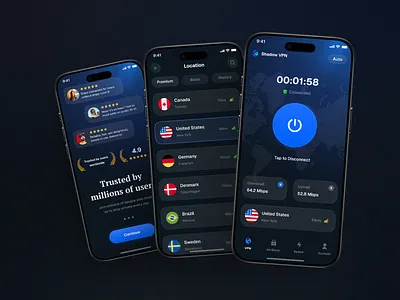 Shadow VPN app app design connect dark design system figma interface ios iphone mobile mobile app design network onboarding privacy product design security servers ui ux vpn