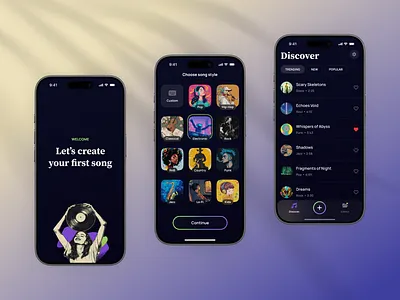 AI Music Generator ai app app design application audio creative dark figma generator gradient interface ios iphone mobile mobile app design music onboarding product design ui ux