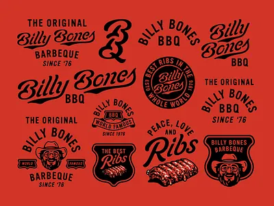 Billy Bones BBQ badges barbecue barbeque bbq billy bones branding car custom type festival graphic design logo matthew doyle monogram ribbon ribs road sign smoke type design vintage