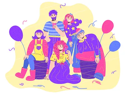 Party people 2d baloon boy character cloth color cute flat flat design fun girl happines illustration men mood party people texture woman