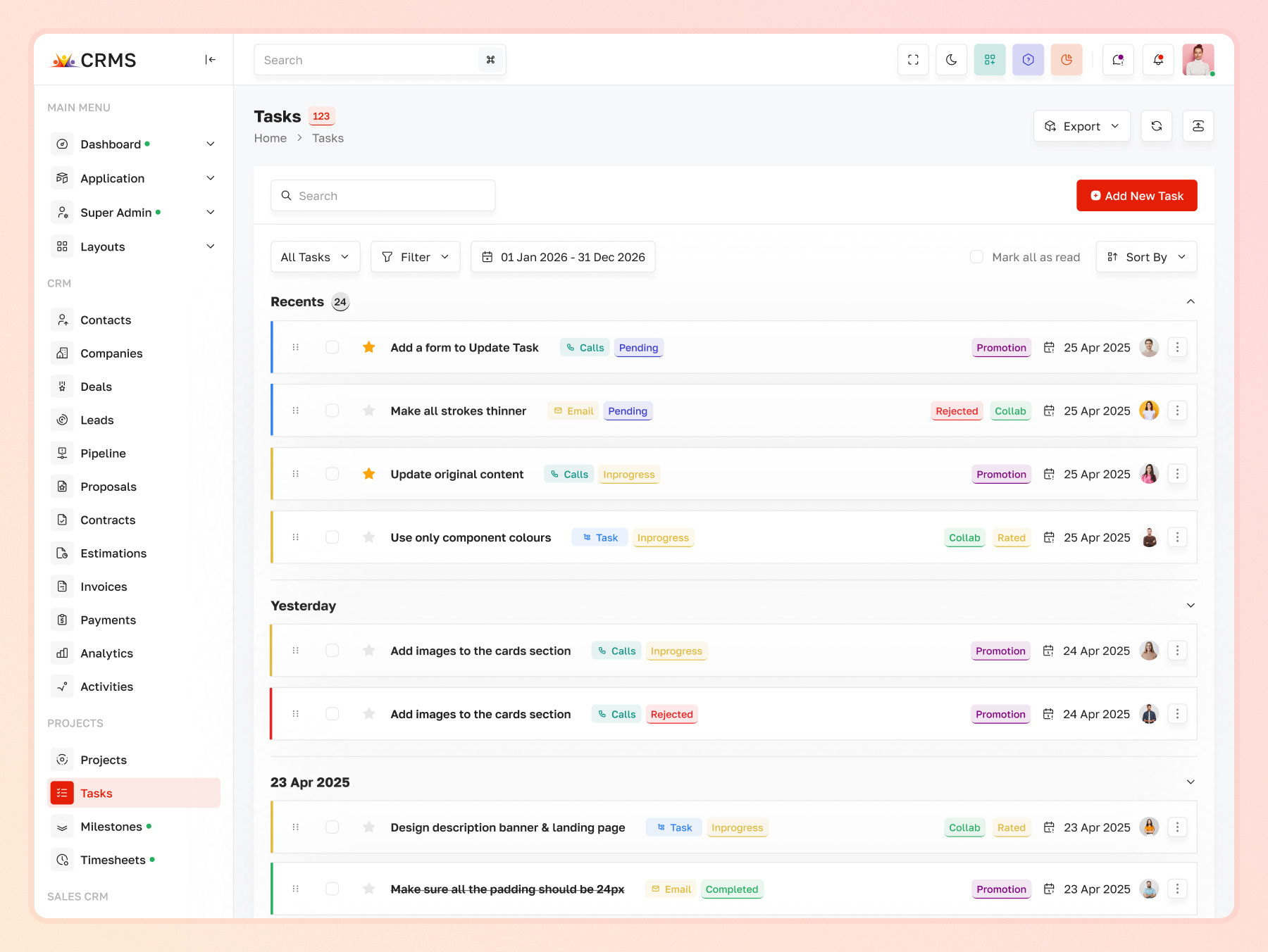 Task Management Dashboard Feature in CRM System | CRMS crm task management dashboard crm task monitoring system crm work management feature crm workflow management ui daily task organizer dashboard project task list crm task assignment system for teams task filter and search feature task management html admin panel task management saas dashboard task progress tracking ui task status tracking module task tracking system template team activity management feature