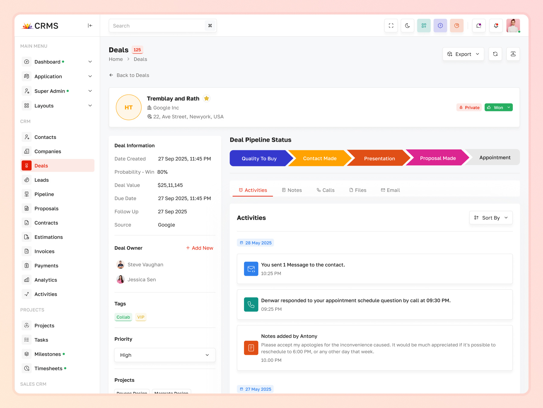 Deal Management Feature List for CRM Software | CRMS business deal tracking software crm customer interaction history crm deal details dashboard crm deal information view crm deal management admin panel crm sales deal record system crm sales opportunity dashboard customer deal summary page deal activity management module deal details html template deal notes and calls dashboard deal owner assignment feature deal priority and tags feature deal status monitoring ui deal workflow management system sales deal organization template sales deal tracking feature sales follow up tracking system