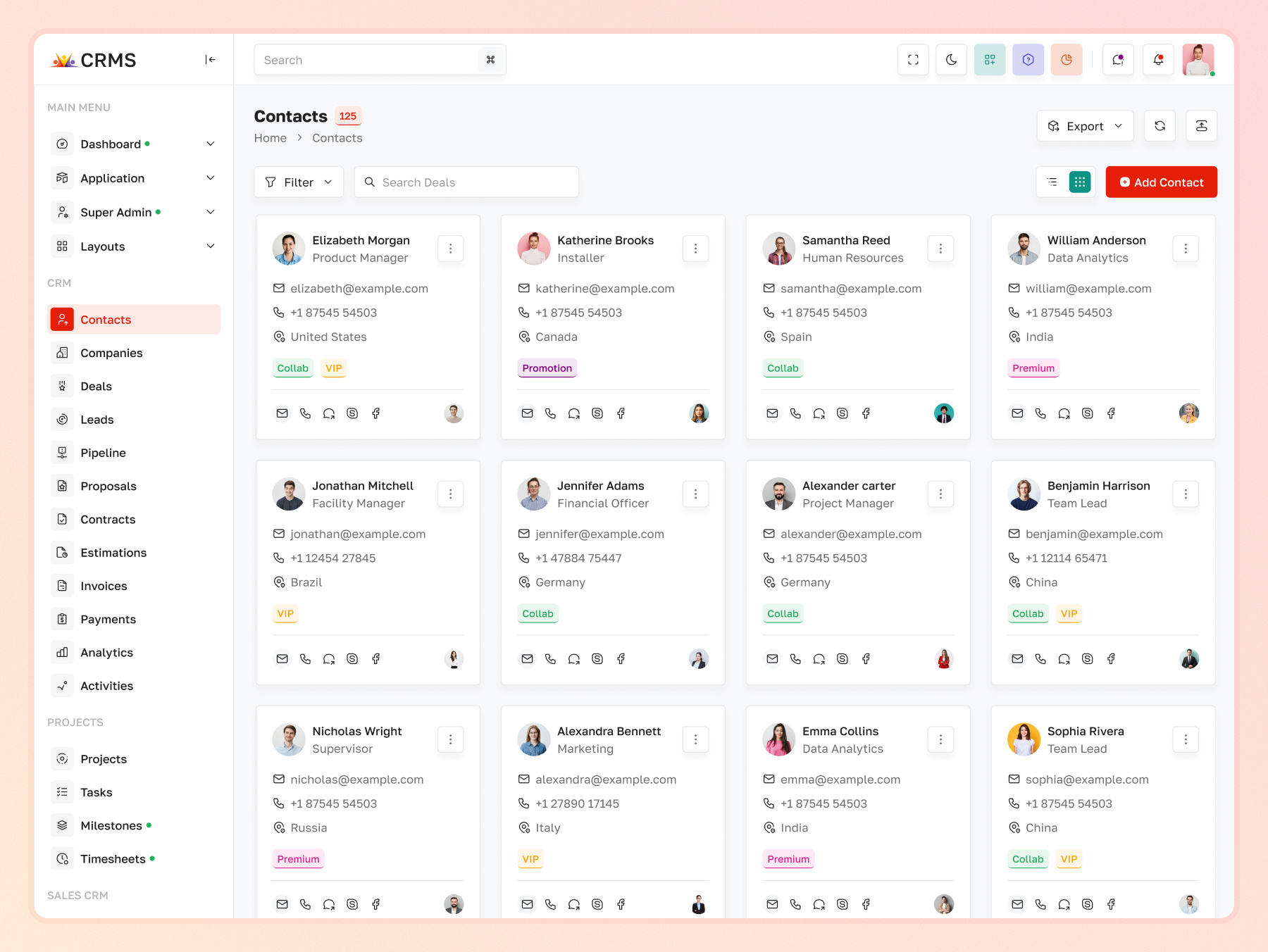 Contacts Directory in CRM Dashboard | CRMS client contact list template contact organization module crm contact cards template crm contacts directory dashboard crm contacts html admin template crm customer database feature crm search and filter contacts lead contact directory feature sales contact directory ui vip customer contact tracking