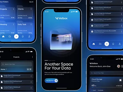 Velbox — A Premium Cloud Vault Experience app b2b b2b design cloudstorage cybersecurity dark futuristicui glassmorphism gradient gradient ui mobil design mobile mobile app mobile app design modernui neonui product desing sa ui uidesign