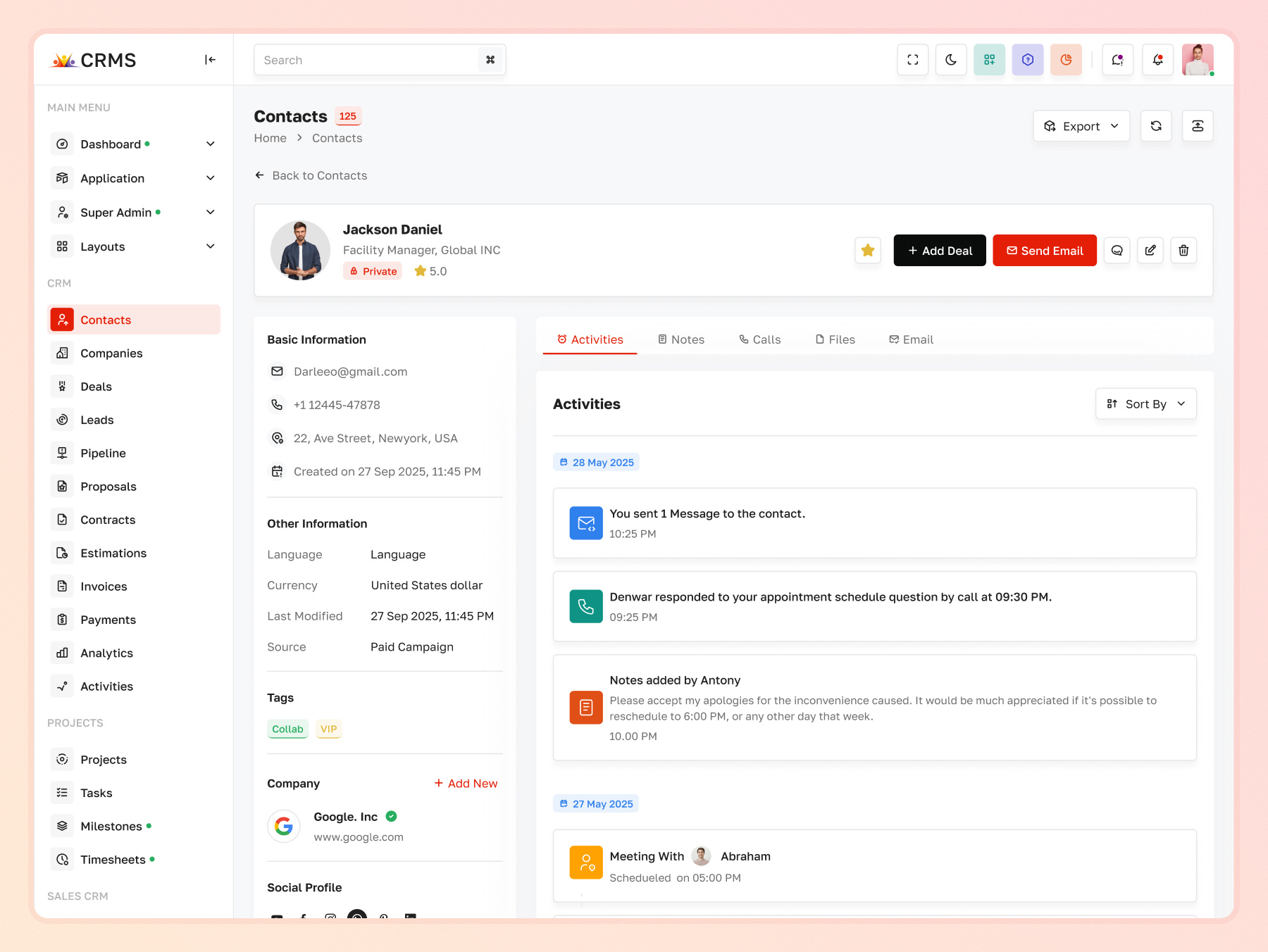 CRM Contact Details Page with Activity Tracking | CRMS client information view module contact details html template contact record management system crm contact details dashboard crm contact details feature crm contact profile admin panel crm contact summary ui crm customer details template customer profile management page sales contact profile feature