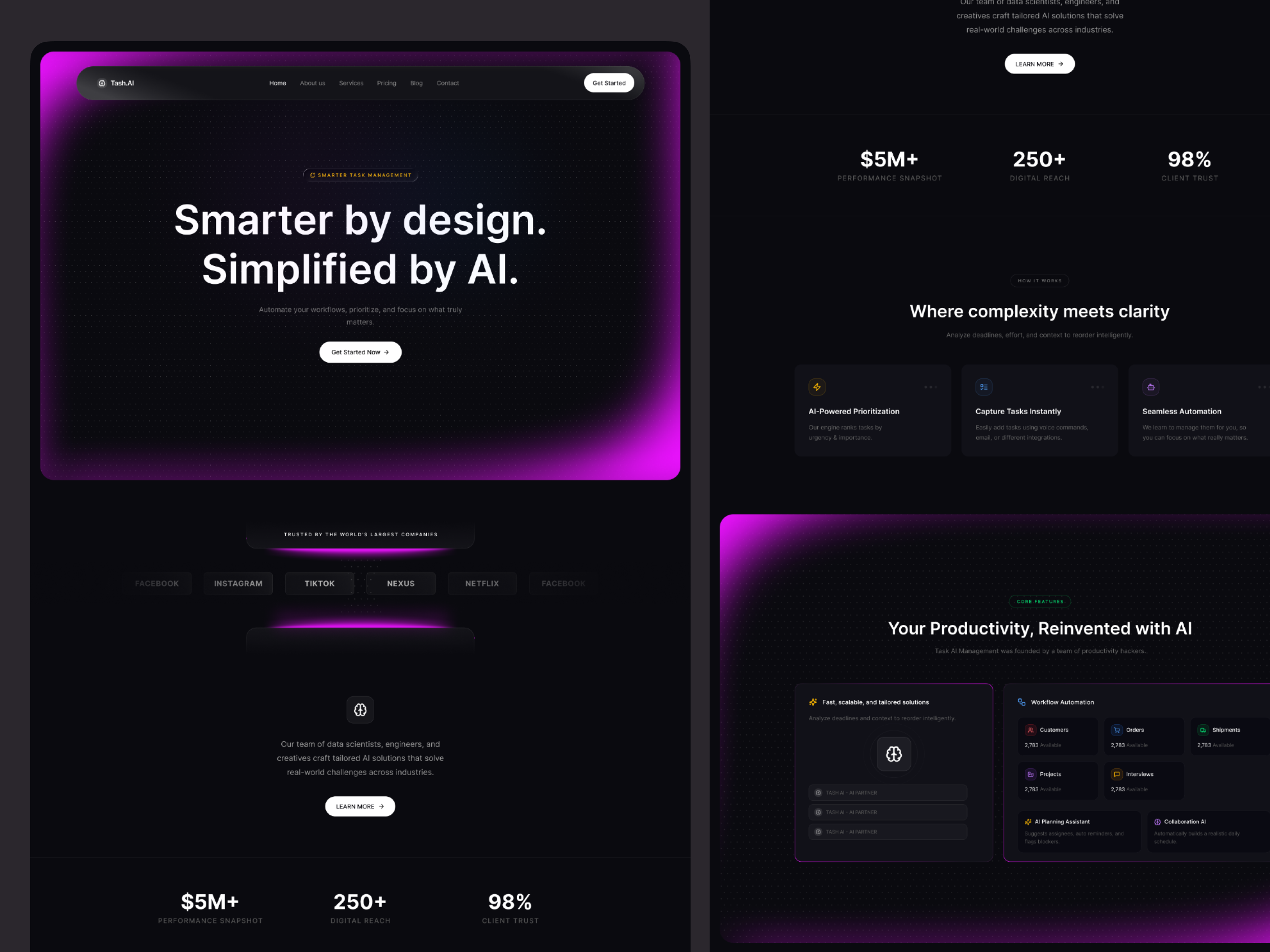Tech AI - SaaS landing page 3d ai branding dark theme design development illustration landing page logo saas landing page tech ui uiux design webdesign