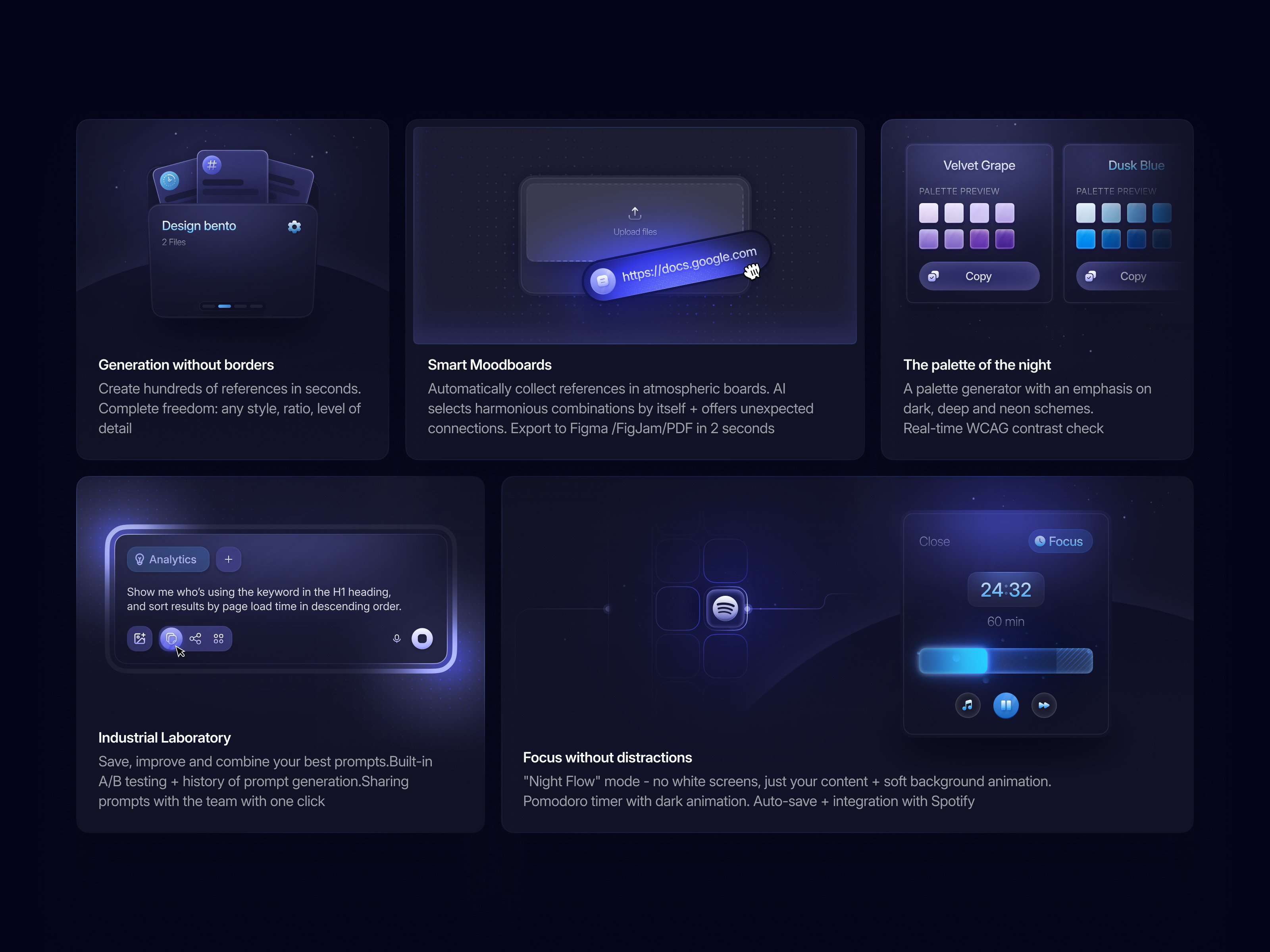 NightFlow Bento — AI Creative Suite in Dark Mode app bento branding concept creative dark dashboard focus futuristic graphic design illustration mode moodboard night product saas tools ui web