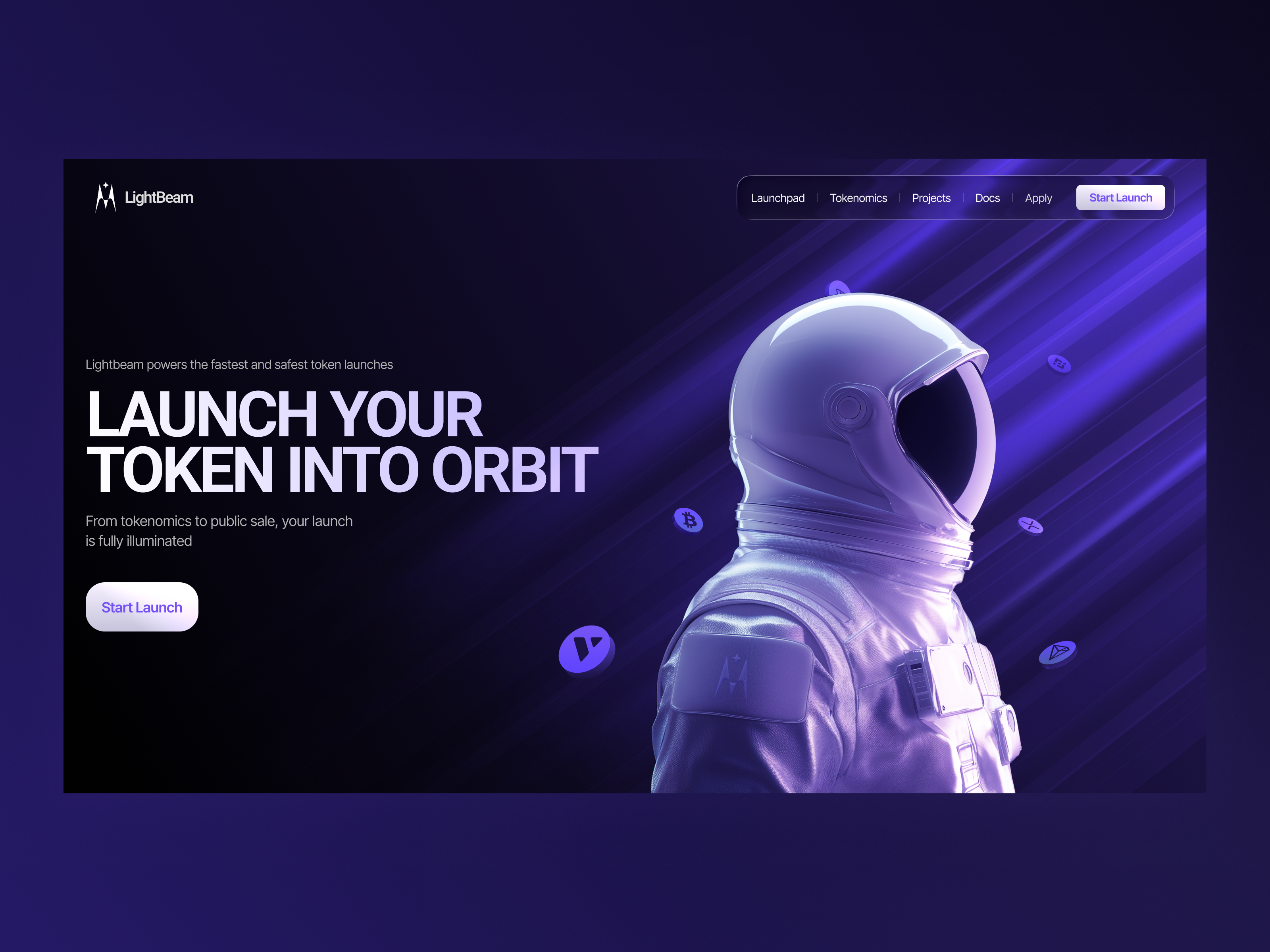 LightBeam Hero – Launch Your Token to Orbit astronaut blockchain crypto cryptohero dark defi futuristic gradient hero illustration landing launchpad neon productdesign saas space tokenlaunch ui web design web3