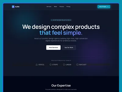 AURA Futuristic Design Agency Website agency website branding conversion design dark ui figma design futuristic design glassmorphism gradient ui landing page minimal ui modern design portfolio website product design saas design startup website tech website ui design ux design web design web development