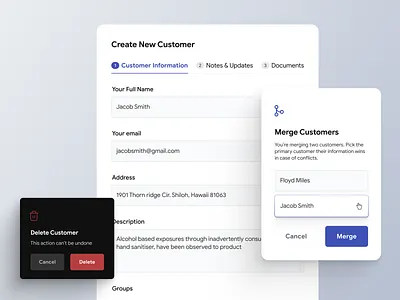Components for Customer List UI create new customer form customer list ui design customer modals interface design merge customers minimal modal product design settings ui ux web