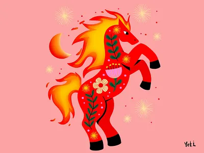 Happy Lunar New Year | Fire horse 2d 2d animation animation artwork chinese new year colorful digital illustration fire flowers graphic design horse illustration illustrator lunar new year