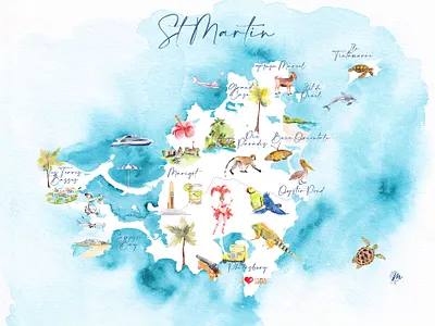 Map of Sint Maarten // Illustration aquarelle drawing illustration