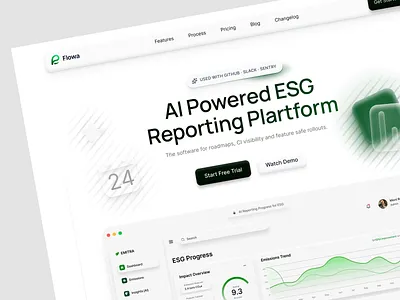 AI-Powered ESG Reporting Platform landing page Design ai ai platform analytics automation b2b carbon tracking app clean design climate tech design dashboard ui data visualization ui esg green ui landing page management minimal ui minimalist design report saas startup website web design