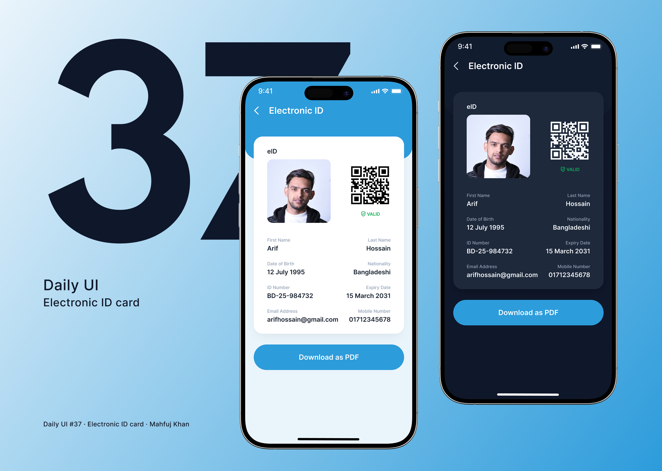 Daily UI #37 — Electronic ID Card dailyui dailyui37 dark mode electronic id figma government app ui id card ui interface light mode mobile ui qr code interface uidesign ux design verification design