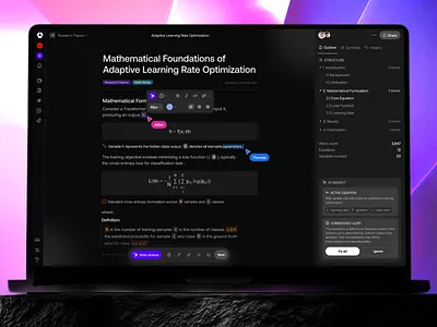 Index ⎻ AI Math Studio academic tools ai product ai research ai research tool callour dark ui dashboard data science ui documentation system education equation editor knowledge management machine learning math editor math workspace notion style product design research platform saas ui
