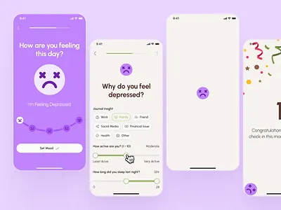 freud v3: AI Mental Health App - Log Mood Flow Mobile UI ai mental health app ai mood app clean emoji ui emotion app figma design system flat freud ui kit log mood ui mental health ui minimal modern mood app mood onboarding ui mood tracker app mood tracker ui purple violet